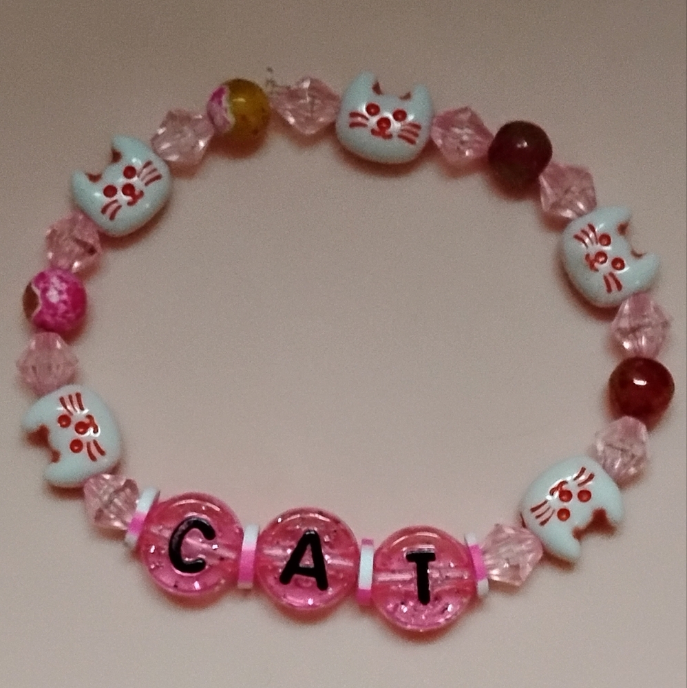 Elastic Pink and White Cat Themed Floral Beaded Bracelet